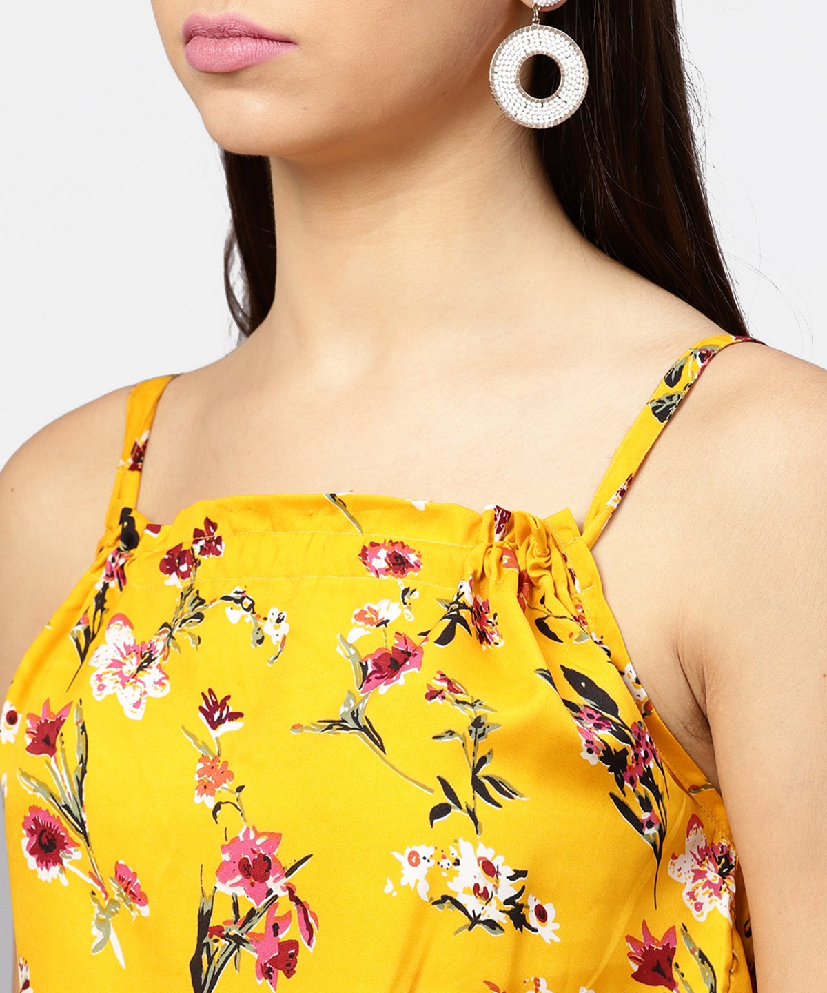 Yellow Printed Shoulder Strapped With A Gather Neckline Maxi Dress | LASVINI - Redefining Indian Fashion with Elegance
