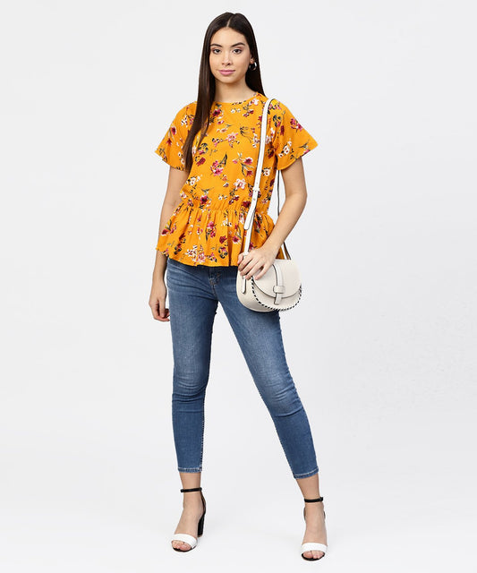 Yellow Printed Short Sleeve With A Gathered Peplum Style Top | LASVINI - Redefining Indian Fashion with Elegance