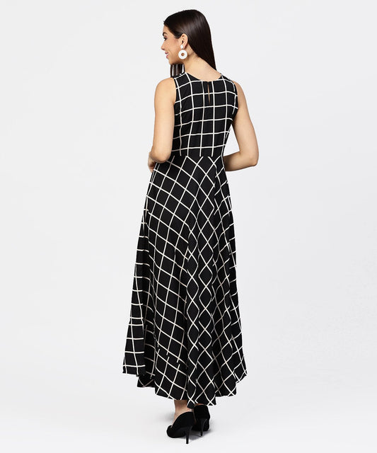 Black Check Sleeveless A-Line Maxi Dress With Slit On The Front | LASVINI - Redefining Indian Fashion with Elegance
