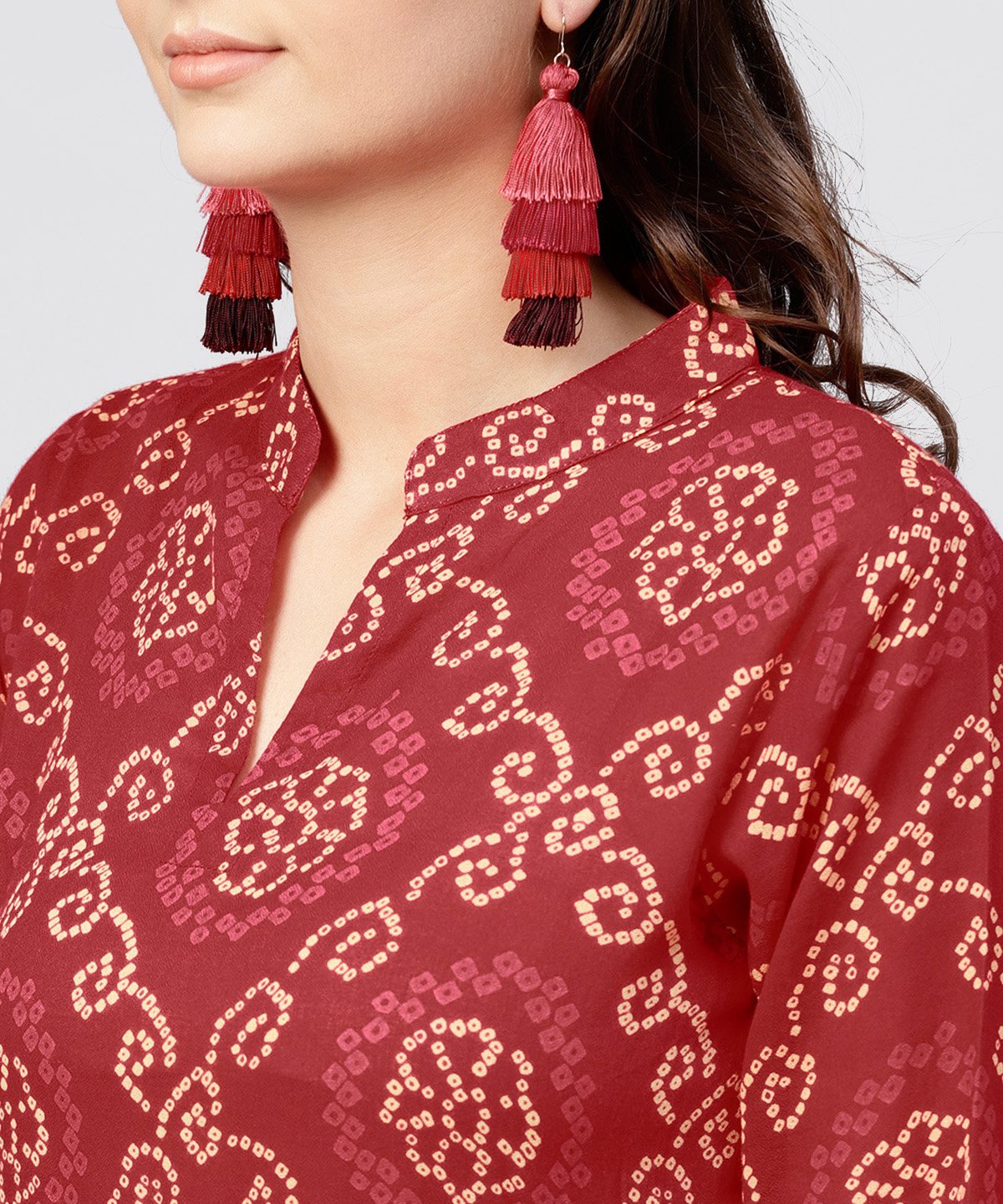 Red Printed Dress With Mandarin Collar And 3/4 Sleeves | LASVINI - Redefining Indian Fashion with Elegance
