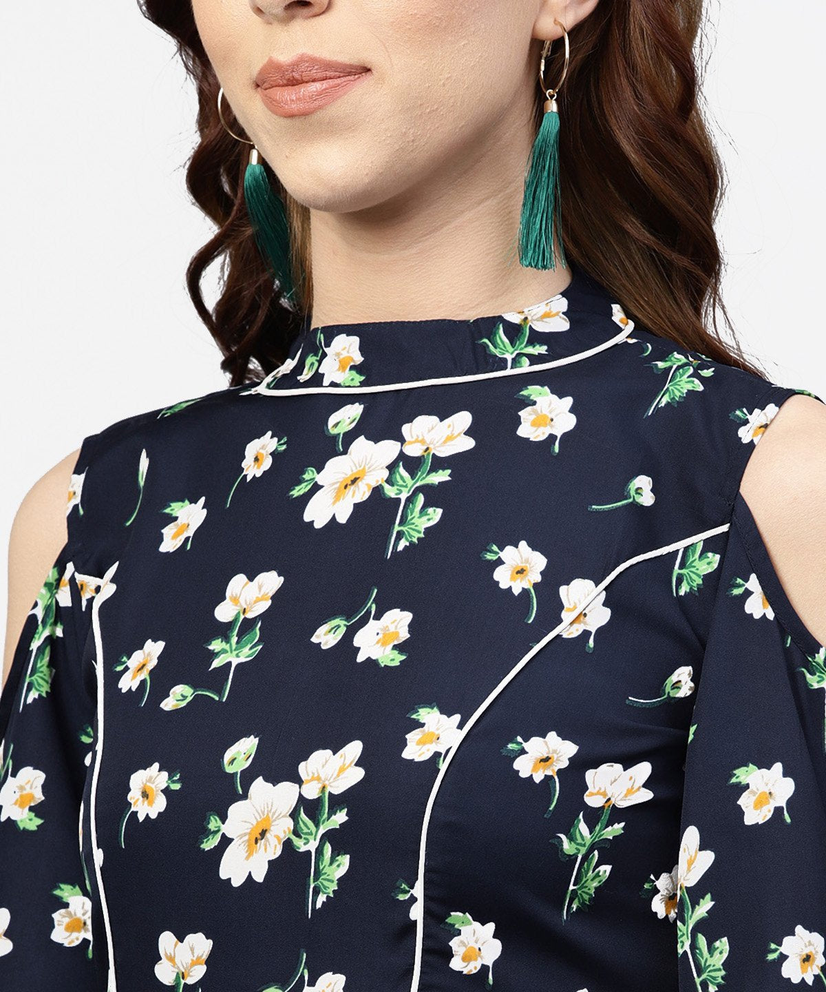 Navy Blue Printed Dress With Round Neck And Cold Shoulders Sleeves | LASVINI - Redefining Indian Fashion with Elegance