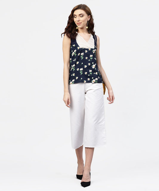 Navy Blue Floral Printed Sleeveless Top With Front Yoke And V-Neck | LASVINI - Redefining Indian Fashion with Elegance