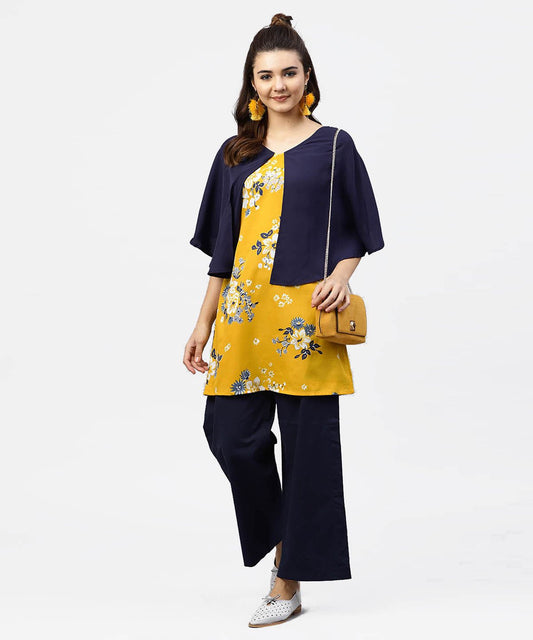 Yellow Printed Tunic With Attached Cape Sleeves And V-Neck | LASVINI - Redefining Indian Fashion with Elegance