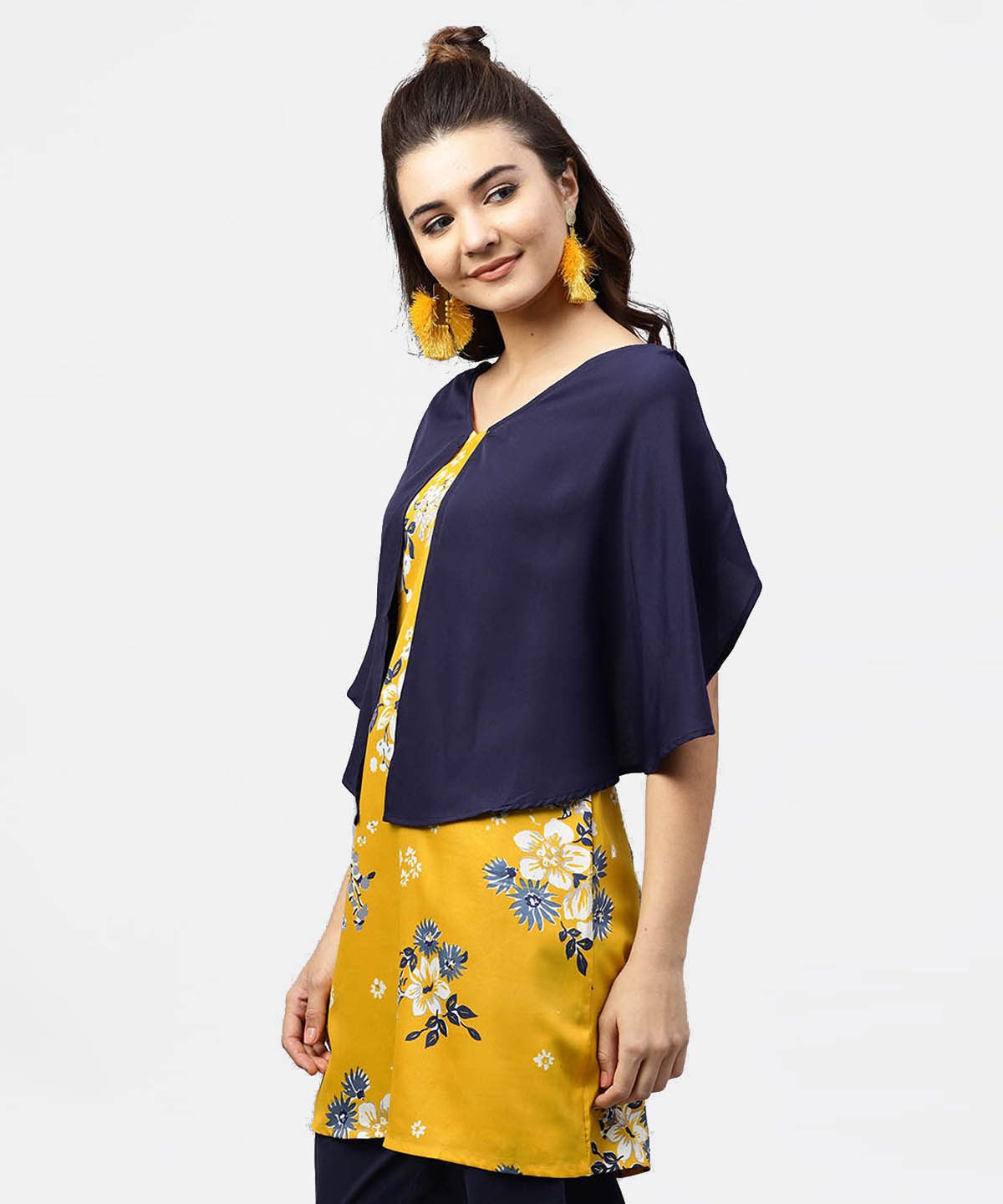 Yellow Printed Tunic With Attached Cape Sleeves And V-Neck | LASVINI - Redefining Indian Fashion with Elegance