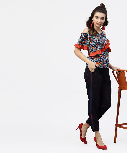 Blue Floral Printed Top With Round Neck And Cold Shoulders | LASVINI - Redefining Indian Fashion with Elegance