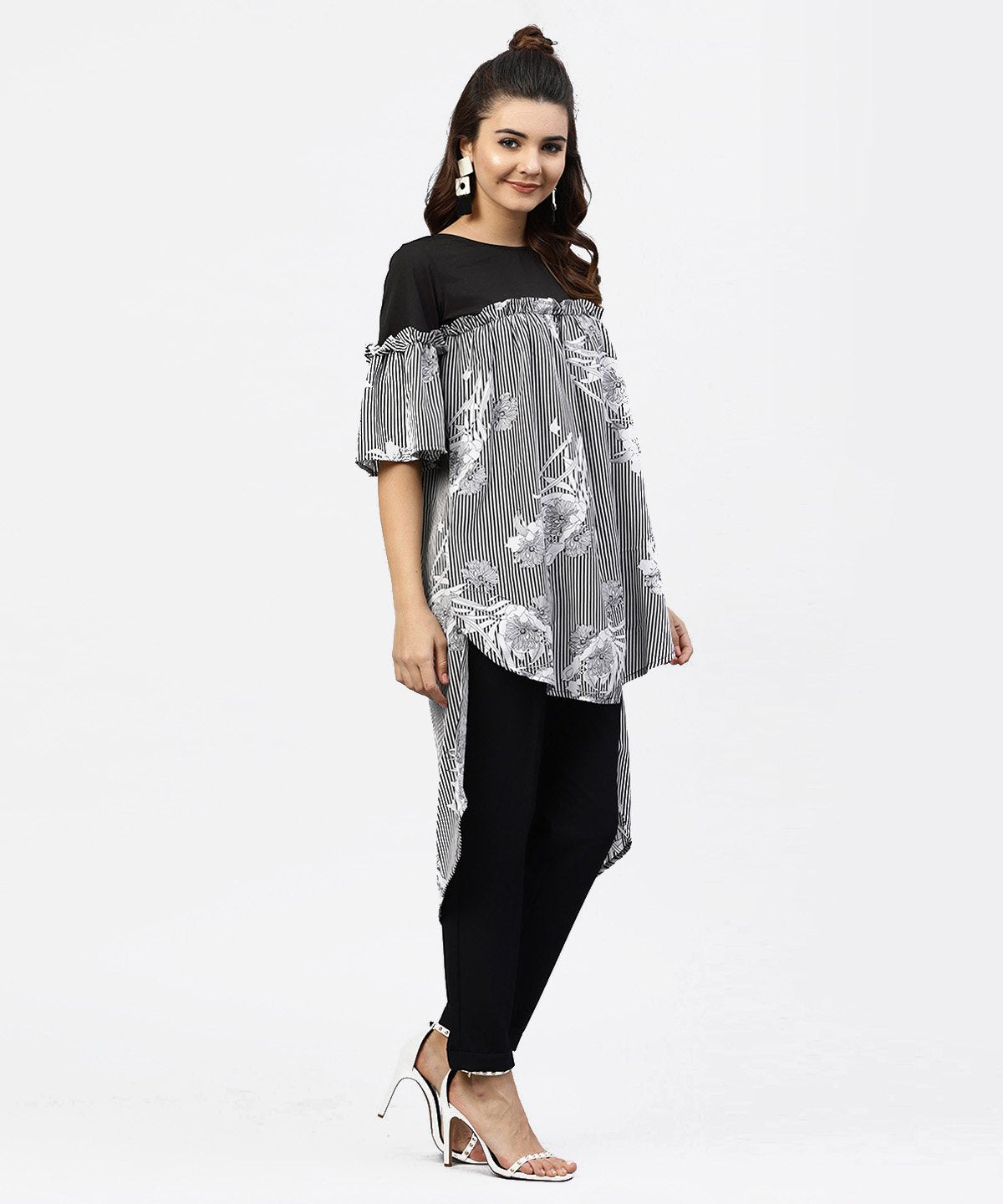 Black & White Striped Dress With Round Neck | LASVINI - Redefining Indian Fashion with Elegance