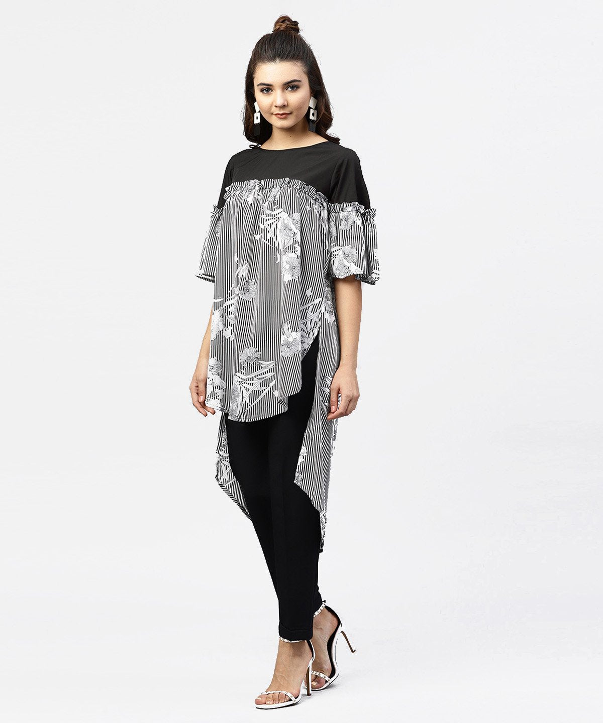 Black & White Striped Dress With Round Neck | LASVINI - Redefining Indian Fashion with Elegance