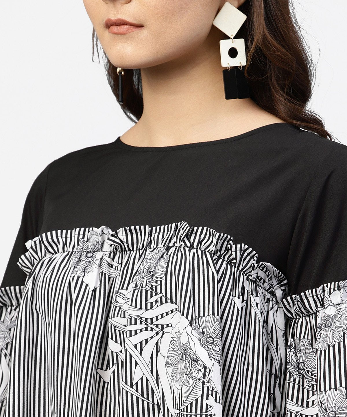 Black & White Striped Dress With Round Neck | LASVINI - Redefining Indian Fashion with Elegance