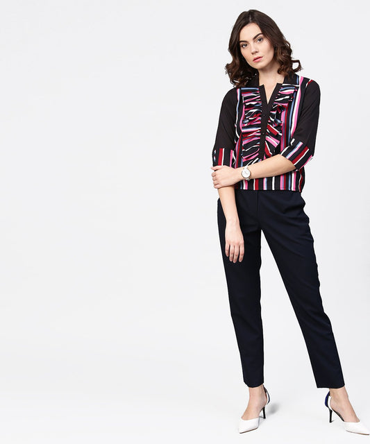 Black Striped Full Sleeve Crepe Tops | LASVINI - Redefining Indian Fashion with Elegance