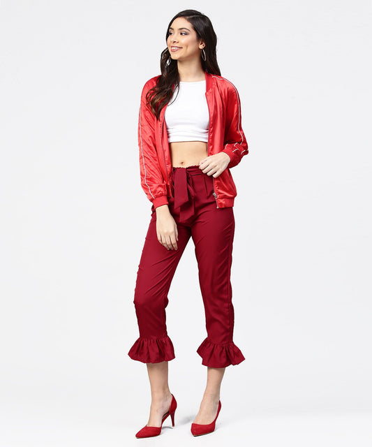 Maroon Ankle Length Crepe Straight Palazzo With Belt | LASVINI - Redefining Indian Fashion with Elegance