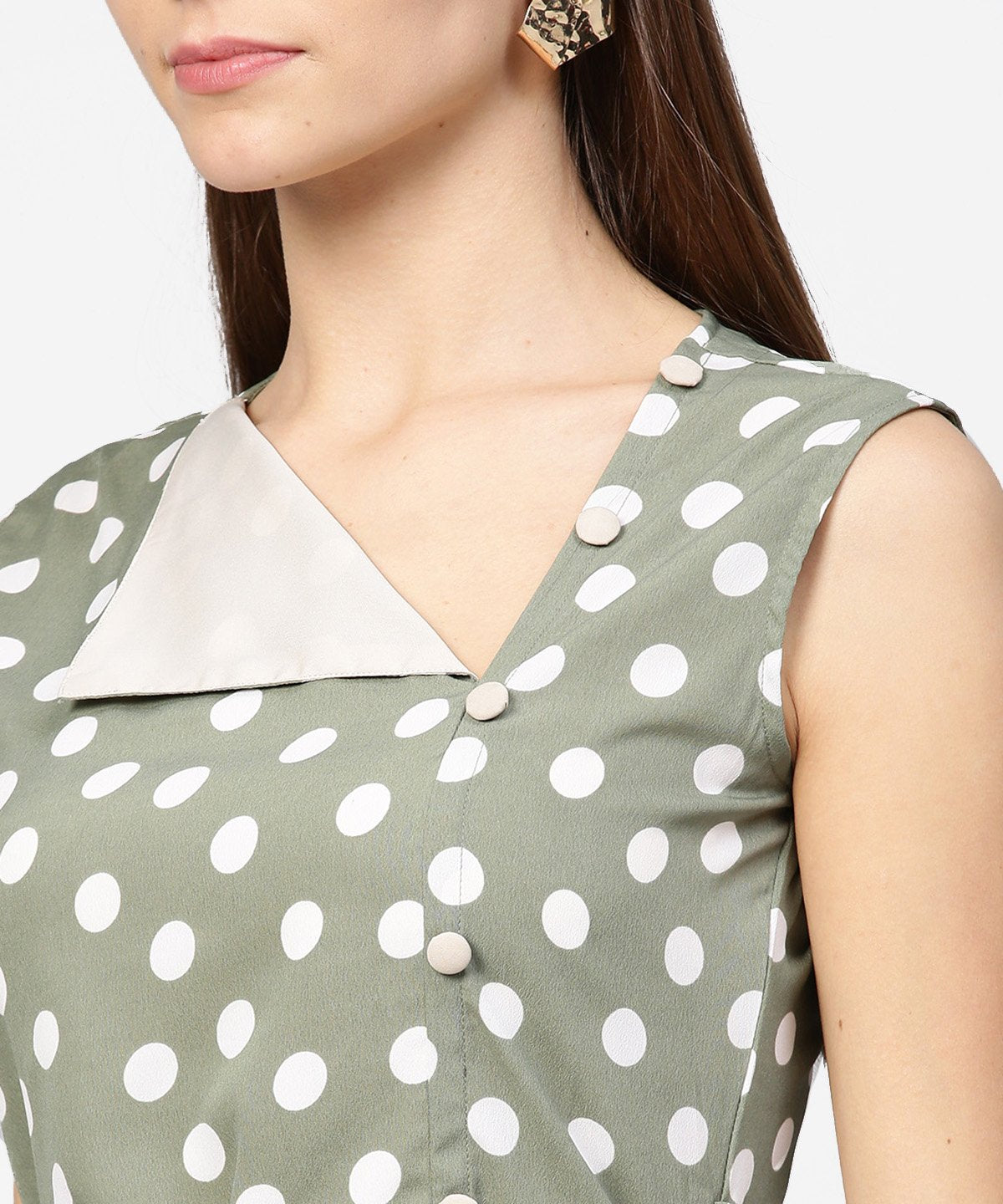 Green Polka Dot Printed Sleeveless A-Line Dress With Belt | LASVINI - Redefining Indian Fashion with Elegance