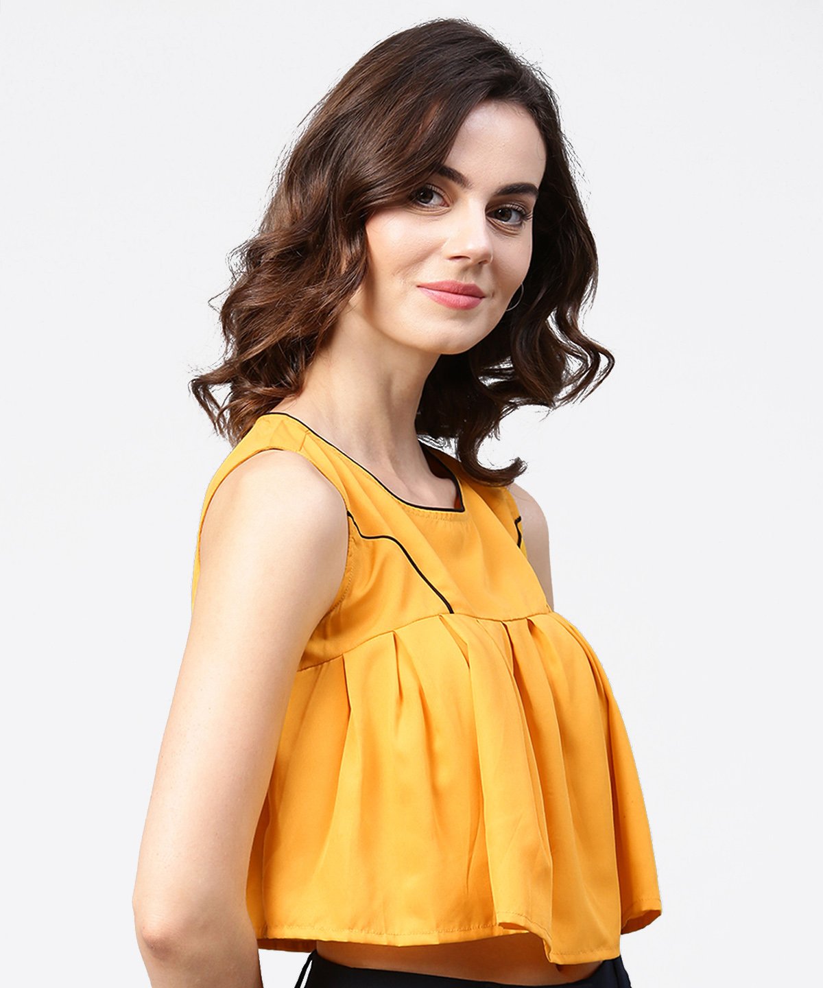Yellow Crepe Sleeveless Pleated Tops | LASVINI - Redefining Indian Fashion with Elegance