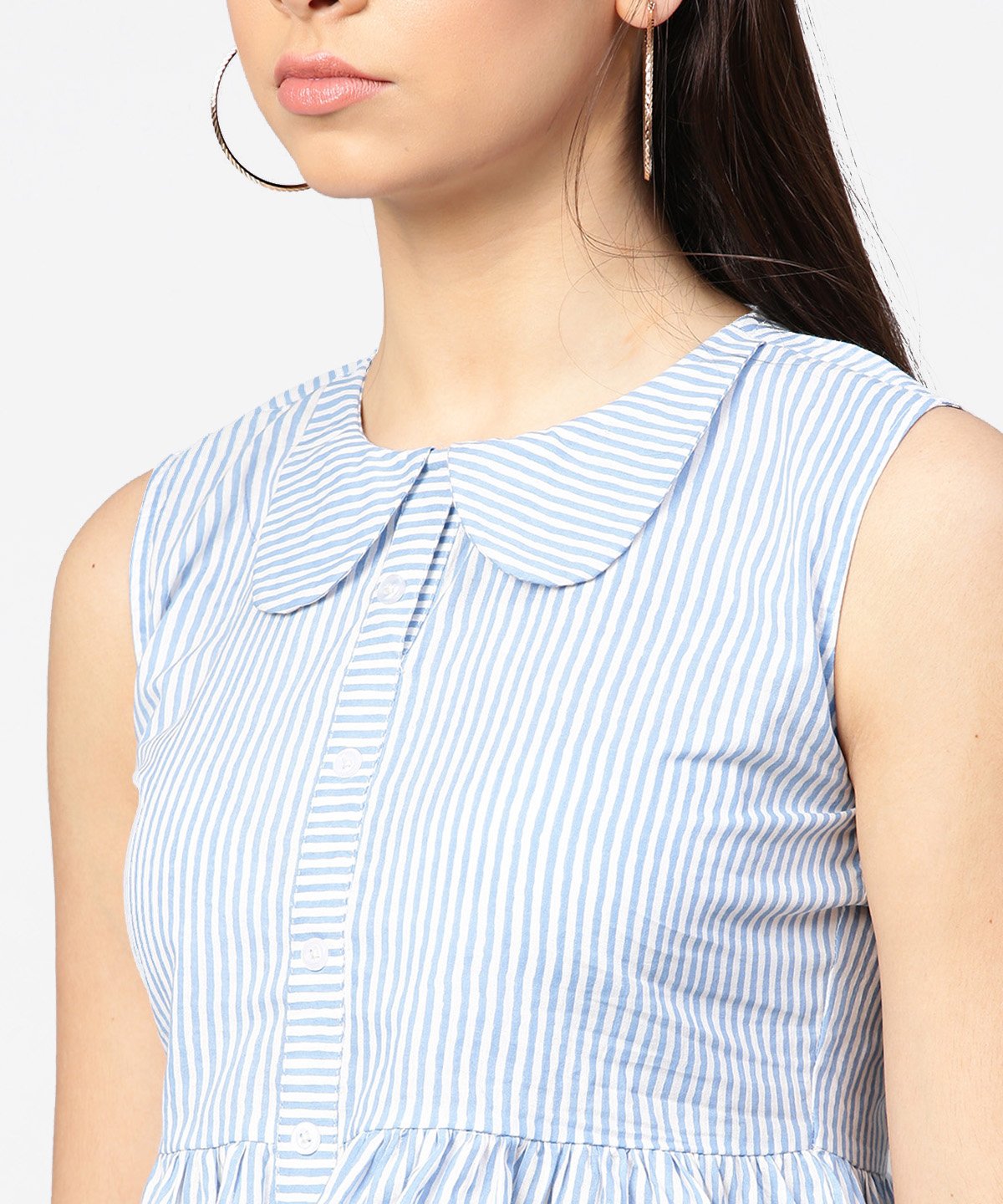 Blue Striped Cotton Sleeveless Front Open Top | LASVINI - Redefining Indian Fashion with Elegance