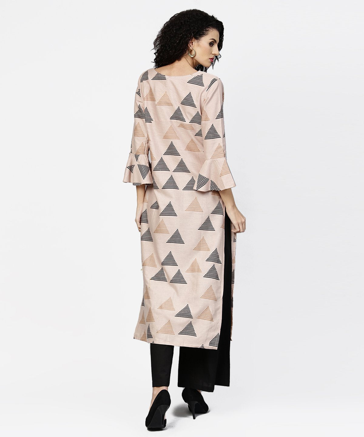 Beige Printed Long Flared Sleeve Straight Cotton Kurta With Black Ankle Length Flared Palazzo | LASVINI - Redefining Indian Fashion with Elegance