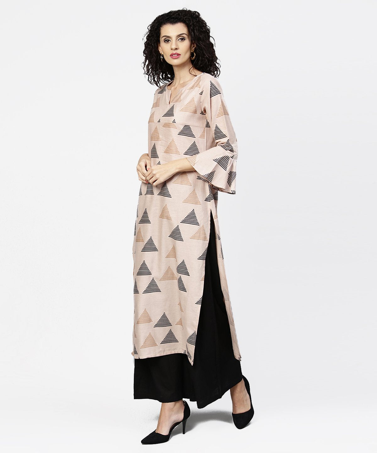 Beige Printed Long Flared Sleeve Straight Cotton Kurta With Black Ankle Length Flared Palazzo | LASVINI - Redefining Indian Fashion with Elegance