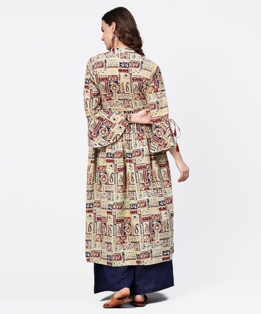 Beige Full Sleeve Cotton Anarkali Kurta With Blue Flared Ankle Length Palazzo | LASVINI - Redefining Indian Fashion with Elegance