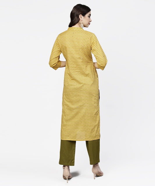 Yellow 3/4Th Sleeve Printed Cotton Straight Kurta Green Ankle Length Pallazo | LASVINI - Redefining Indian Fashion with Elegance