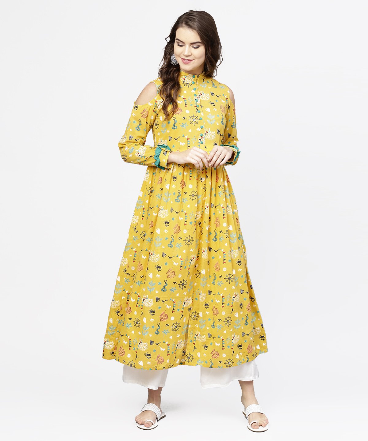 Yellow Printed 3/4Th Cold Shoulder Sleeve Cotton Kurta | LASVINI - Redefining Indian Fashion with Elegance