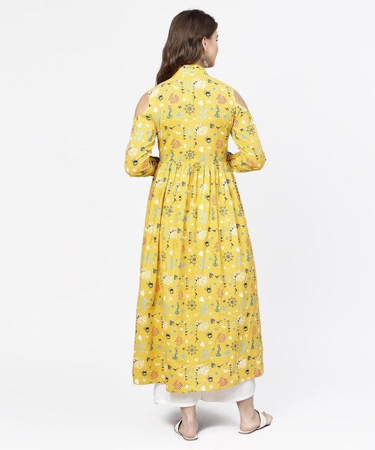 Yellow Printed 3/4Th Cold Shoulder Sleeve Cotton Kurta | LASVINI - Redefining Indian Fashion with Elegance