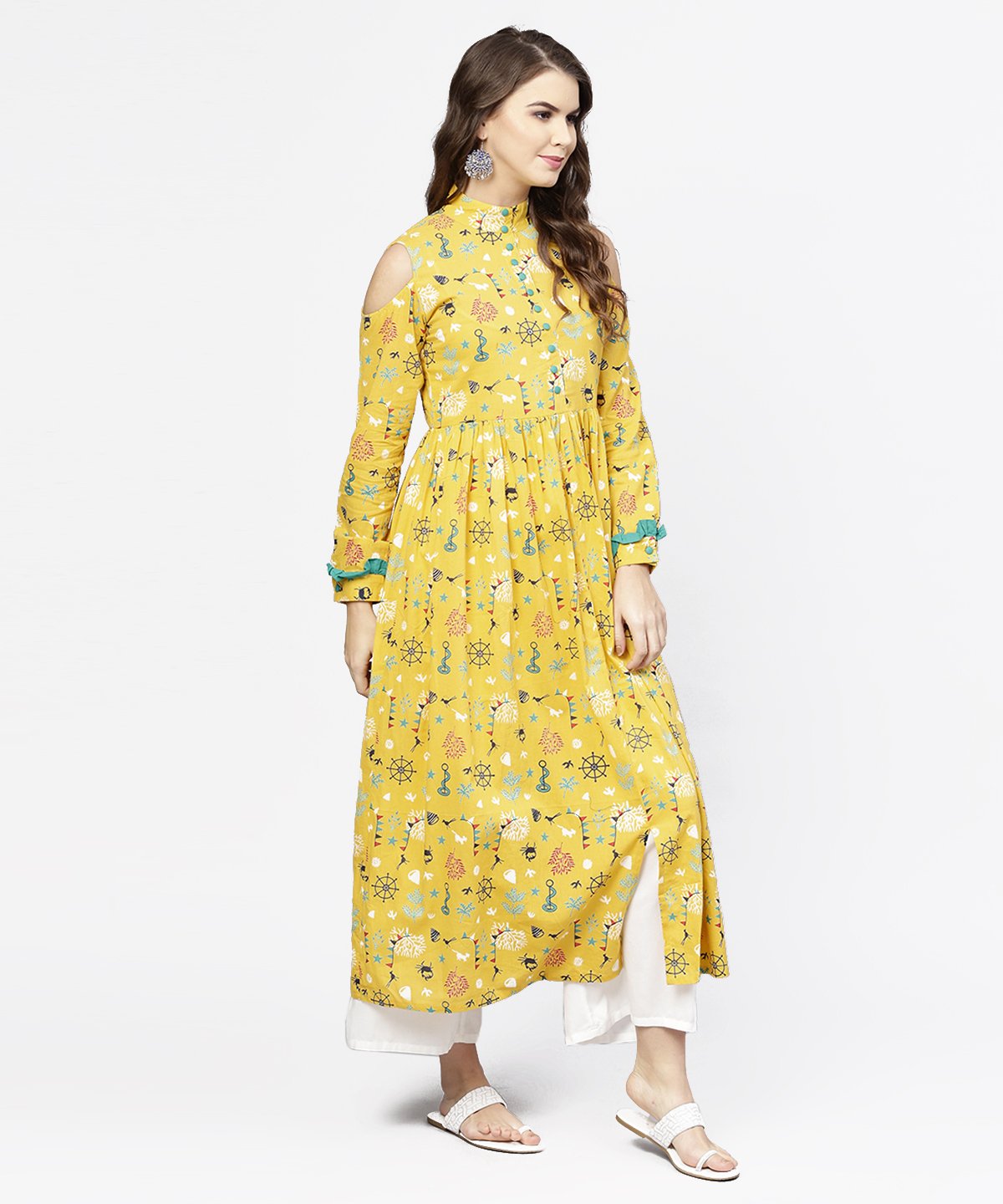 Yellow Printed 3/4Th Cold Shoulder Sleeve Cotton Kurta | LASVINI - Redefining Indian Fashion with Elegance