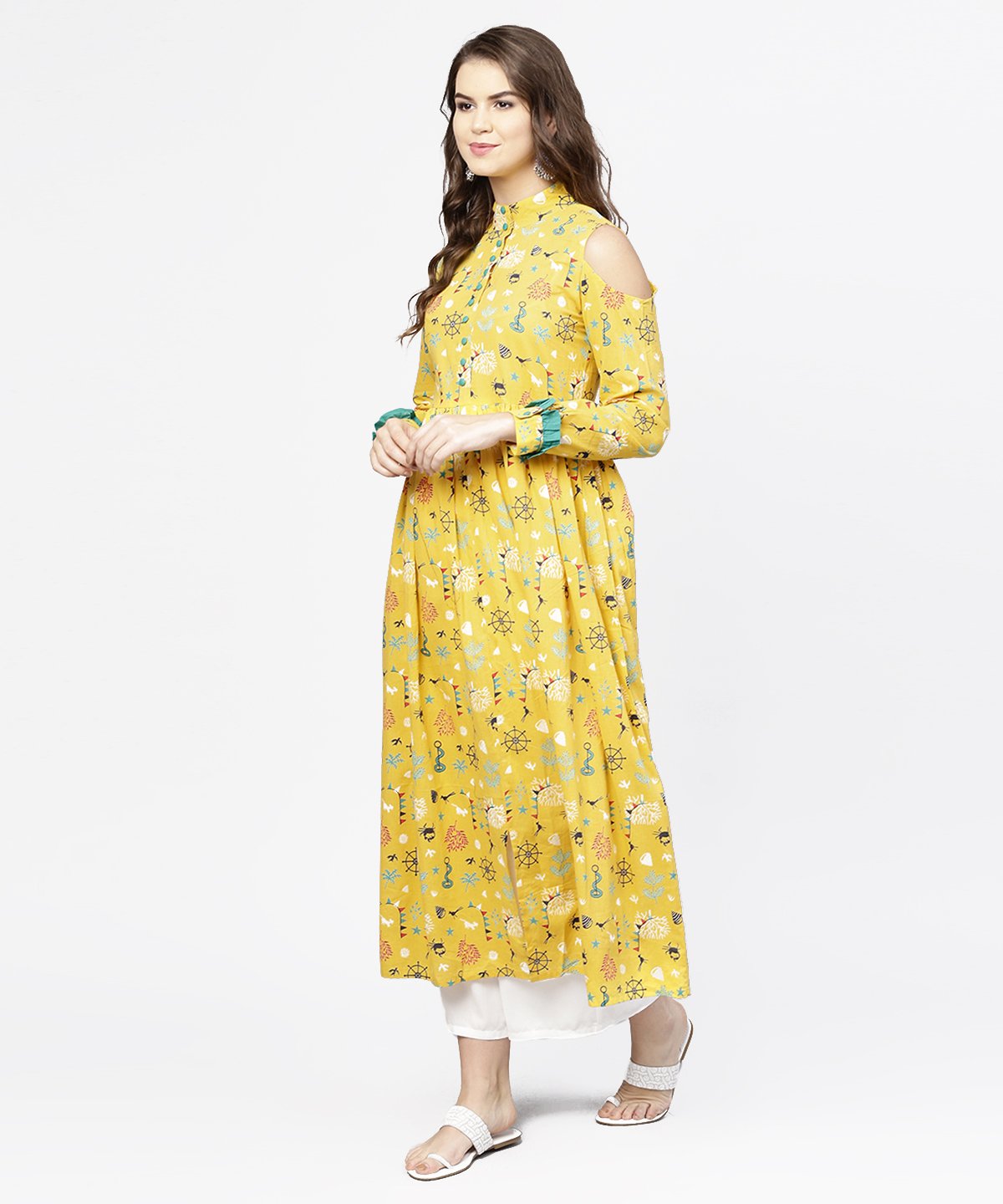 Yellow Printed 3/4Th Cold Shoulder Sleeve Cotton Kurta | LASVINI - Redefining Indian Fashion with Elegance
