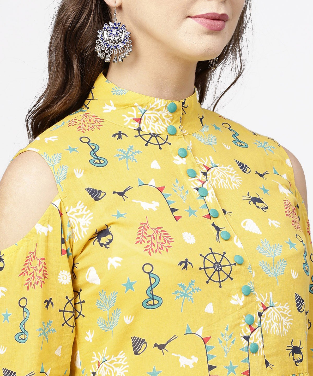 Yellow Printed 3/4Th Cold Shoulder Sleeve Cotton Kurta | LASVINI - Redefining Indian Fashion with Elegance