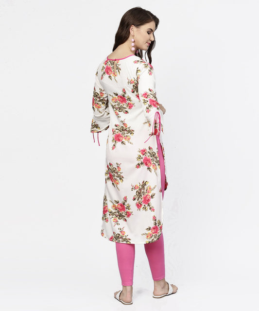 Off White Flower Print 3/4Th Sleeve Crepe Low High Kurta | LASVINI - Redefining Indian Fashion with Elegance