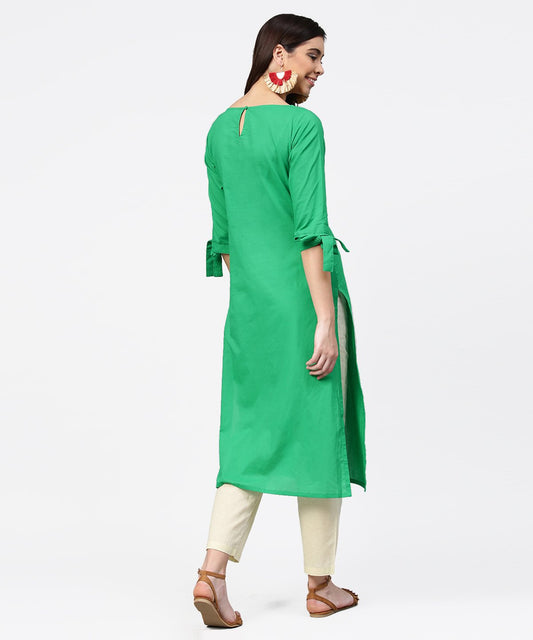 Green Yoke Printed Half Sleeve Cotton Kurta With Cream Ankle Length Pallazo | LASVINI - Redefining Indian Fashion with Elegance