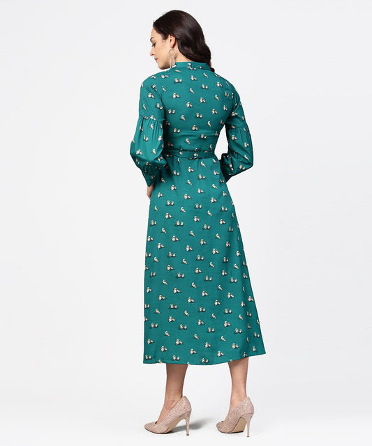 Blue Printed Full Sleeve Maxi Dress With Belt | LASVINI - Redefining Indian Fashion with Elegance