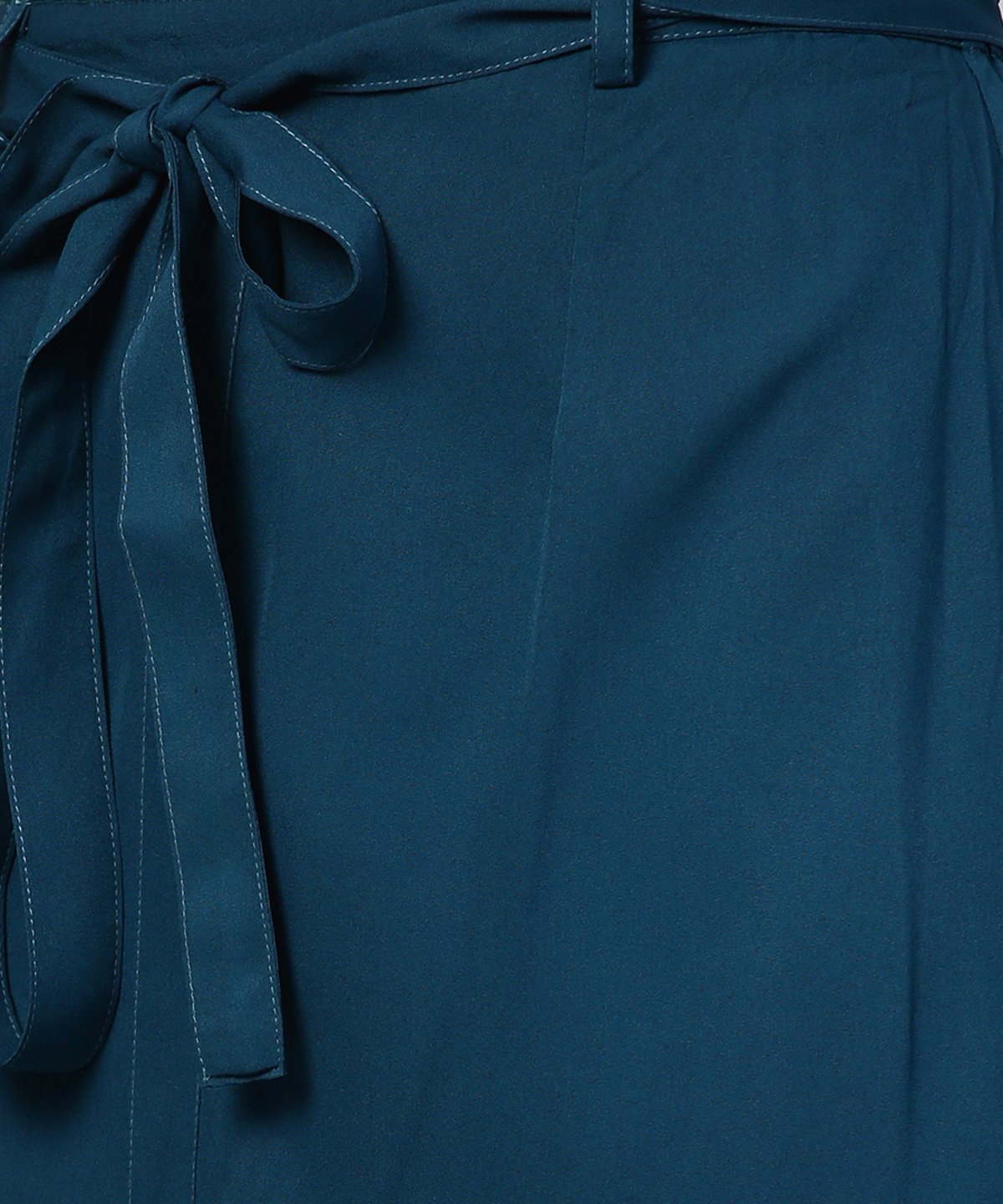 Denim Blue Ankle Length Trouser With Belt | LASVINI - Redefining Indian Fashion with Elegance