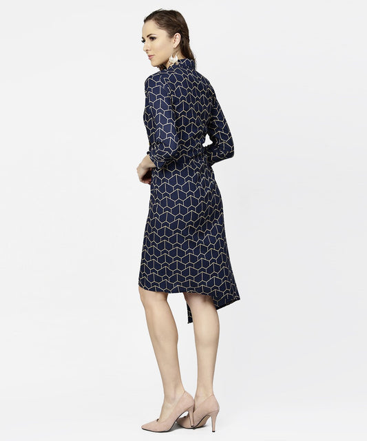 Navy Blue 3/4Th Sleeve Angrakha Style Dress | LASVINI - Redefining Indian Fashion with Elegance