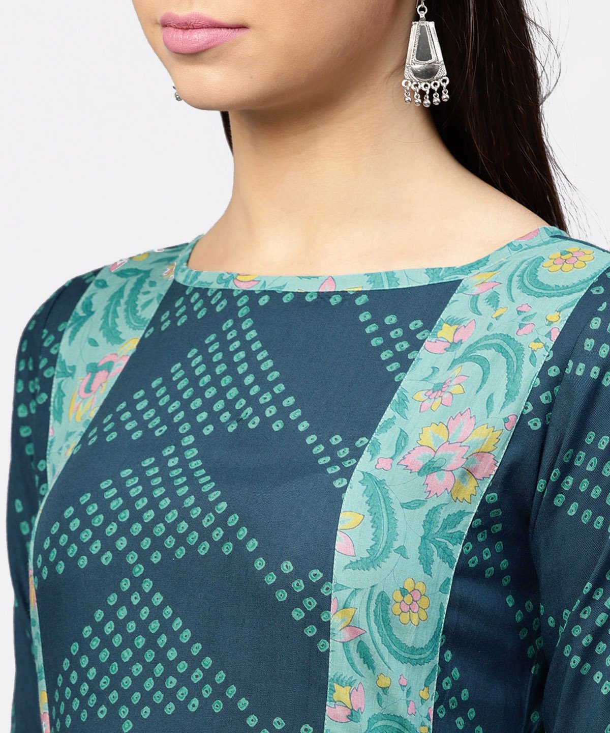 Multi Printed Round Neck Gathered Panels With 3/4Th Sleeves Maxi Dress | LASVINI - Redefining Indian Fashion with Elegance