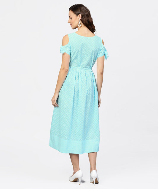 Printed Round Neck With A Draw-String At Yoke And Knotted Short Sleeves Maxi Dress | LASVINI - Redefining Indian Fashion with Elegance