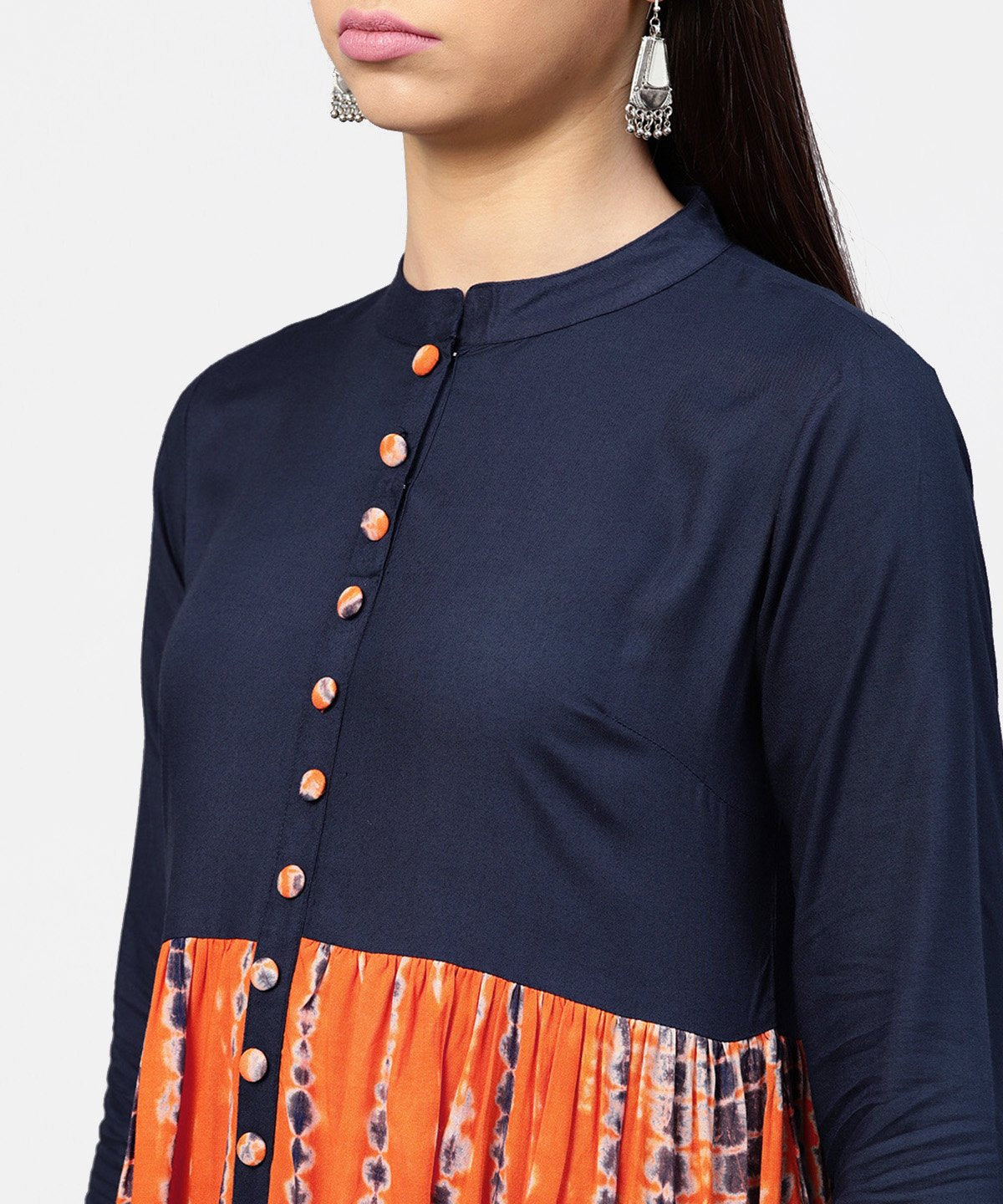 Printed Tye-Dye Chinese Collared 3/4Th Sleeves Maxi Dress | LASVINI - Redefining Indian Fashion with Elegance