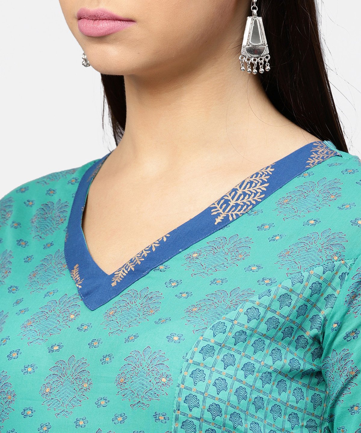 Printed V-Neck Panelled With Patch Pockets And 3/4Th Sleeved Maxi Dress | LASVINI - Redefining Indian Fashion with Elegance