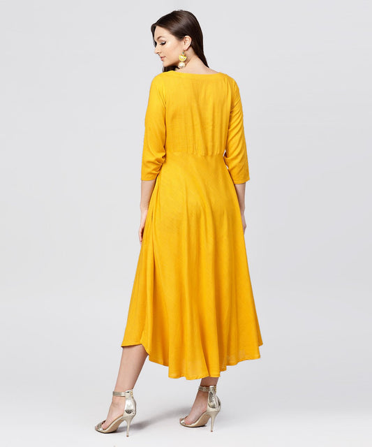 Yellow Round Neck Embroidered Full Sleeves Rayon Maxi Dress | LASVINI - Redefining Indian Fashion with Elegance