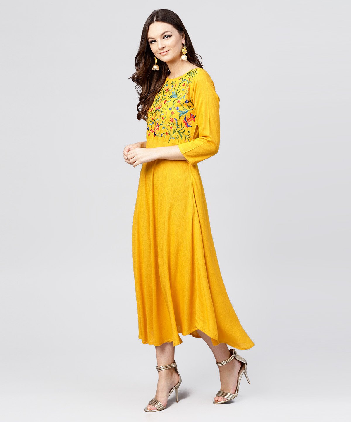 Yellow Round Neck Embroidered Full Sleeves Rayon Maxi Dress | LASVINI - Redefining Indian Fashion with Elegance