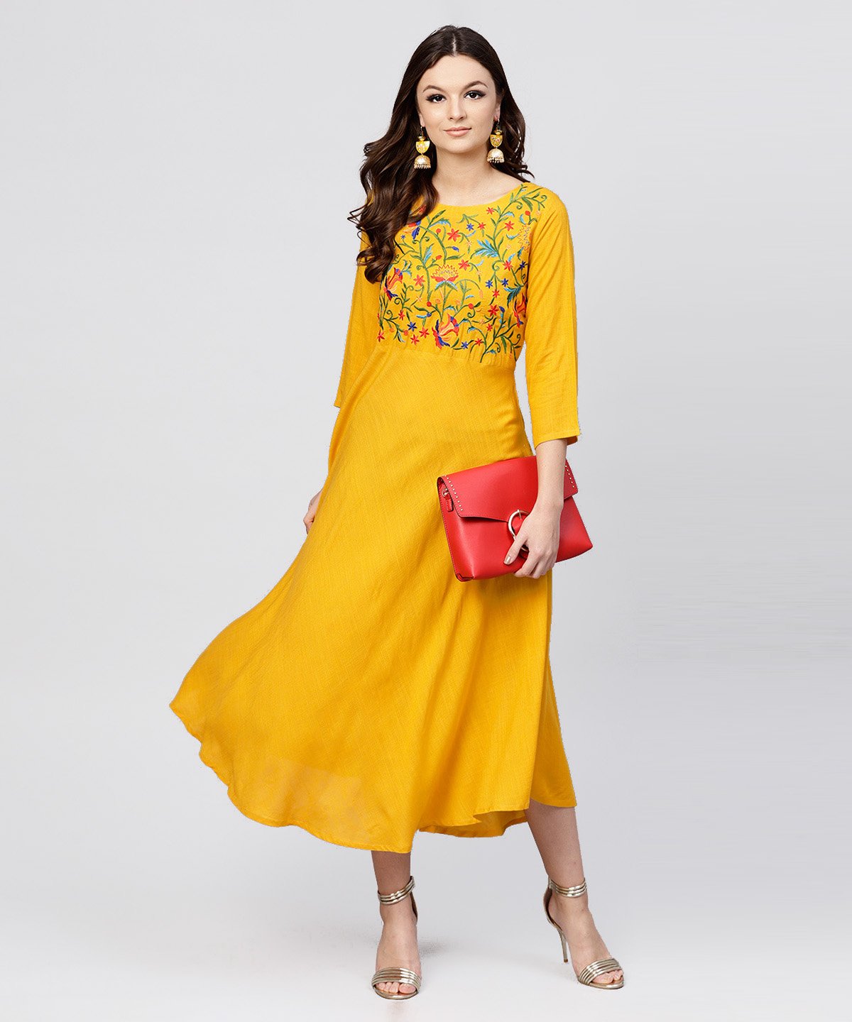 Yellow Round Neck Embroidered Full Sleeves Rayon Maxi Dress | LASVINI - Redefining Indian Fashion with Elegance