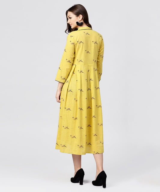 Mustard Full Sleeves Cotton Maxi Dress With Mandarin Collar And Front Placket | LASVINI - Redefining Indian Fashion with Elegance