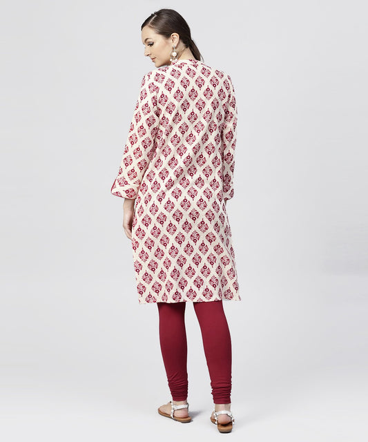 Red Printed Cotton Kurta With Mandarin Collar And 3/4Th Sleeves | LASVINI - Redefining Indian Fashion with Elegance