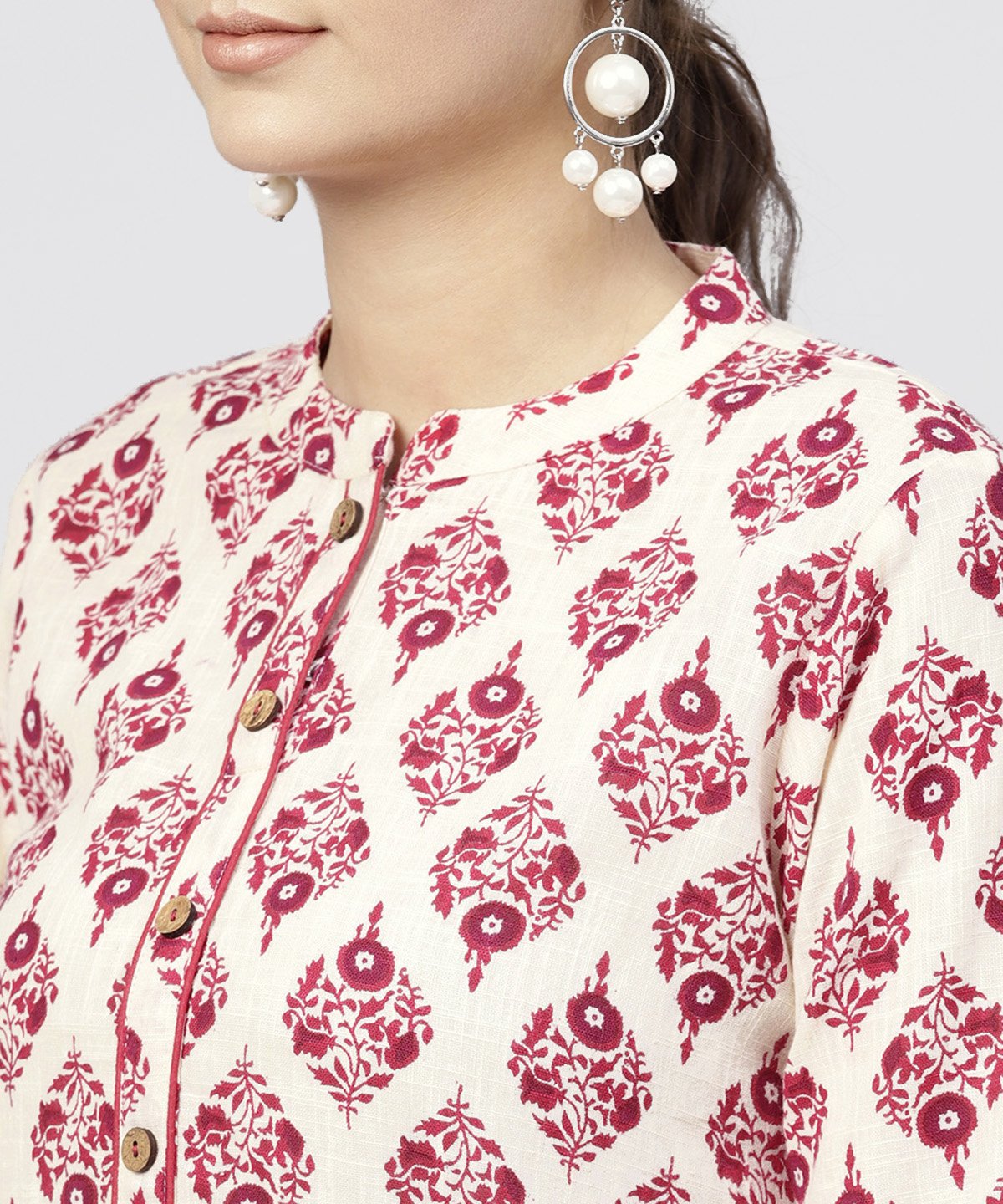 Red Printed Cotton Kurta With Mandarin Collar And 3/4Th Sleeves | LASVINI - Redefining Indian Fashion with Elegance
