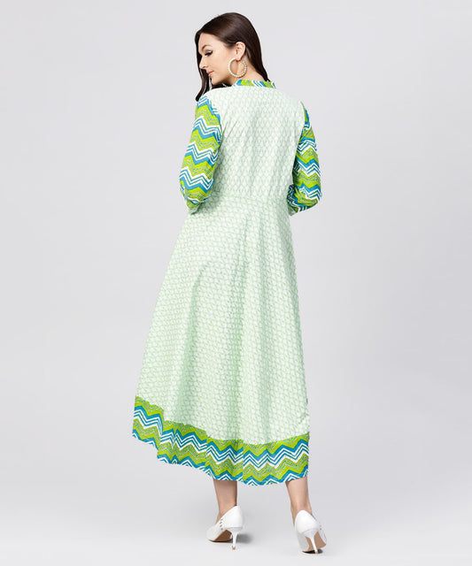 Green Printed Cotton Angrakha Style Dress With Mandarin Collar Embellished With Tassels | LASVINI - Redefining Indian Fashion with Elegance