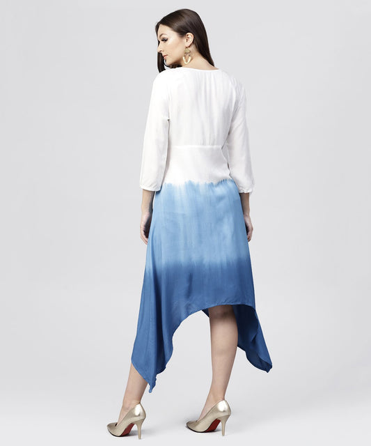 White Rayon Asymmetric Maxi Dress Dyed Blue With 3/4 Sleeves | LASVINI - Redefining Indian Fashion with Elegance