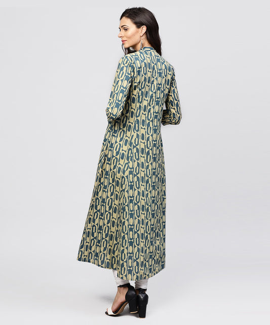 Green Printed Panelled Cut A-Line Kurta With Mandarin Collar And Front Placket | LASVINI - Redefining Indian Fashion with Elegance