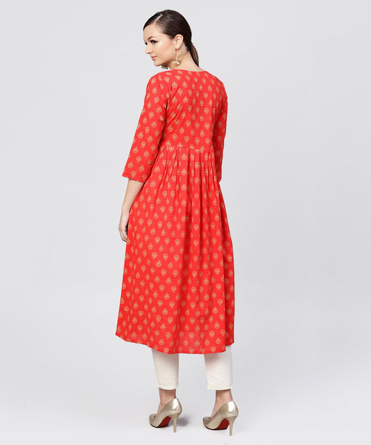 Red Cotton Printed A-Line With Box Pleated Kurta With Front Placket And 3/4 Sleeves | LASVINI - Redefining Indian Fashion with Elegance