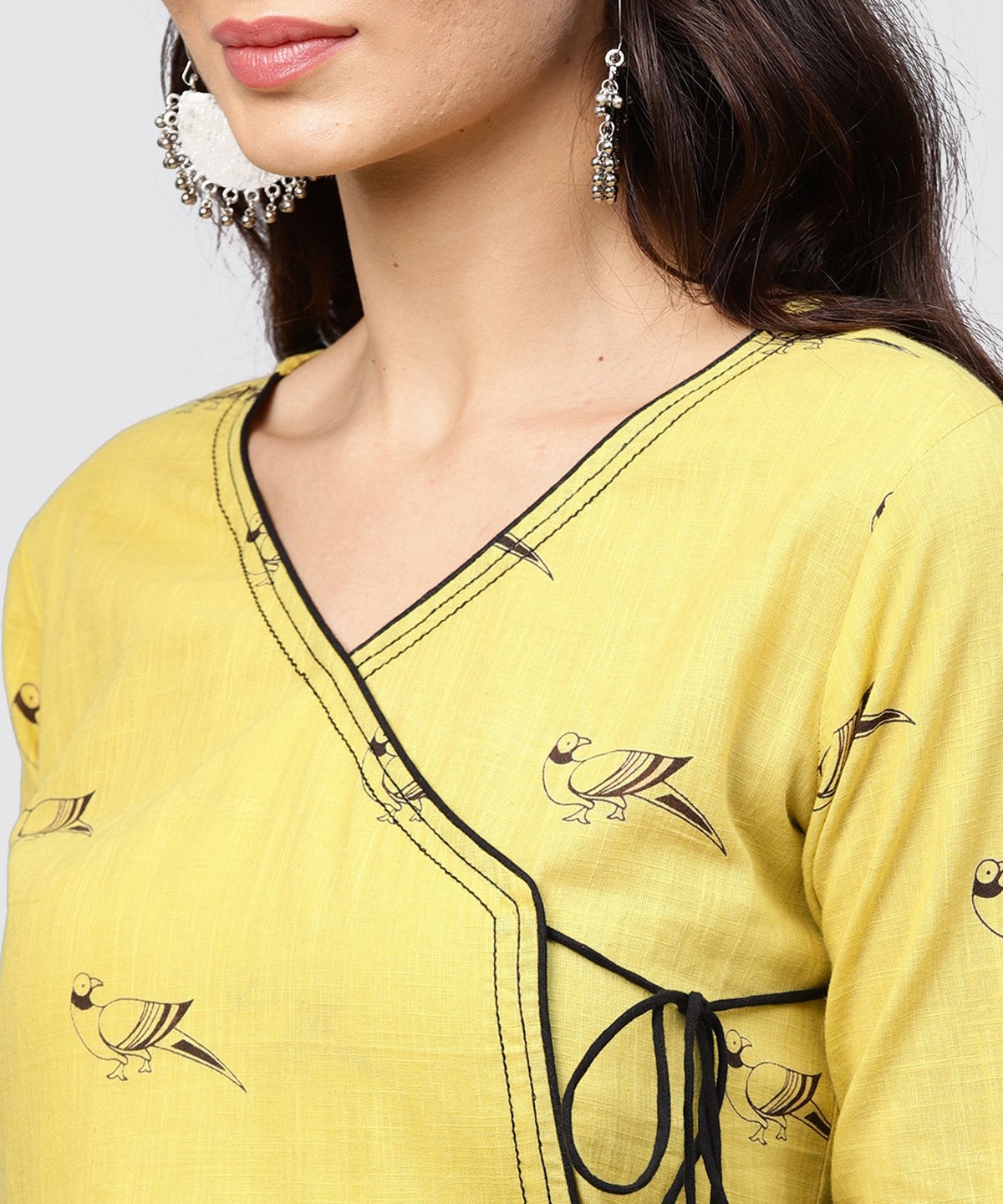 Cotton Mustard Pleated Angrakha With V-Neck And Embellished With Tassel | LASVINI - Redefining Indian Fashion with Elegance