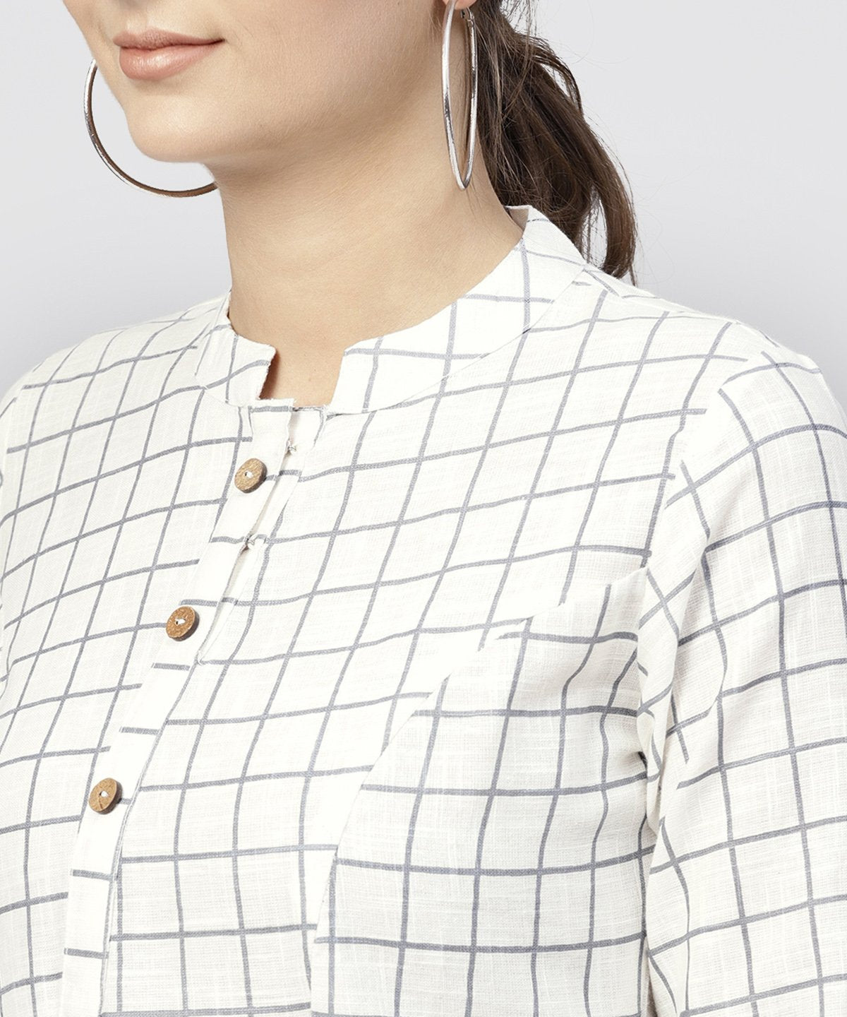 White Checked Printed Panelled Cut A-Line Kurta With Mandarin Collar And Front Placket | LASVINI - Redefining Indian Fashion with Elegance