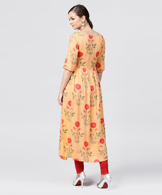 Peach Rayon Calf Length Kurta With Round Neck Front Placket | LASVINI - Redefining Indian Fashion with Elegance