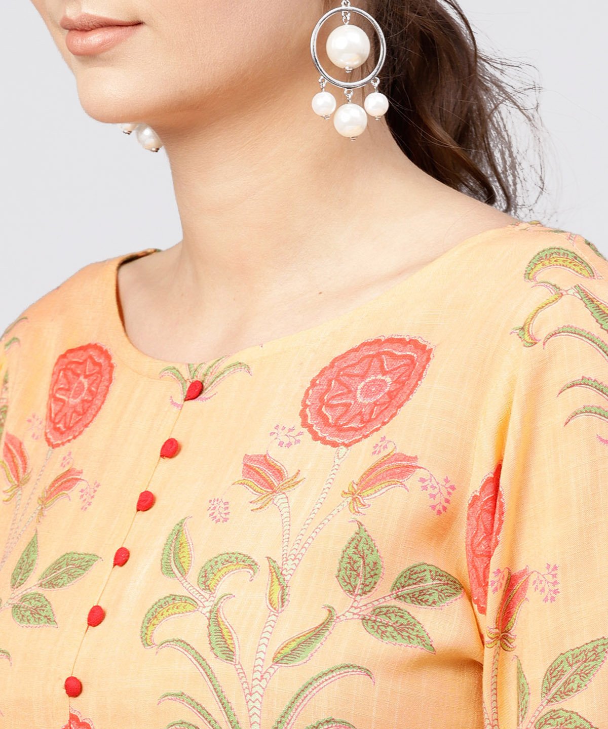 Peach Rayon Calf Length Kurta With Round Neck Front Placket | LASVINI - Redefining Indian Fashion with Elegance