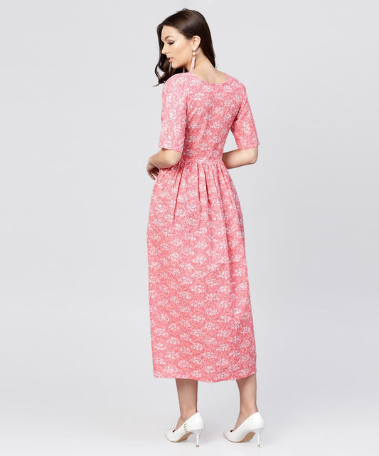 Pink Printed Dress With Round Neck And Half Sleeves | LASVINI - Redefining Indian Fashion with Elegance